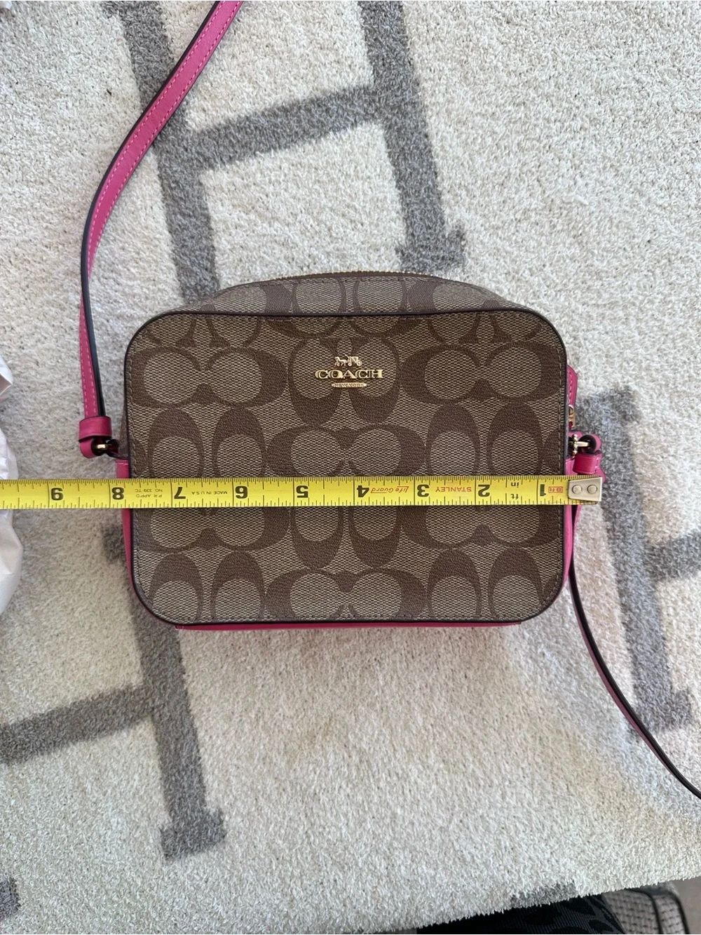 Coach Brown Signature Canvas Crossbody with Pink Trim